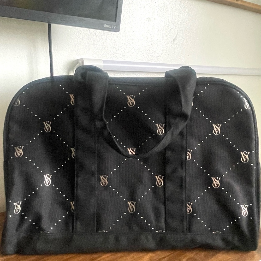 Victoria's Secret Black Quilted Monogram Carryall with Rose Gold Logos